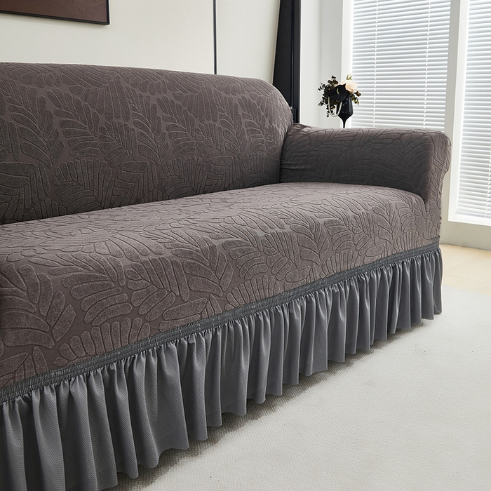 91家纺网 家纺一手货源 找家纺 共鸣沙发套 2024新款臻品提花系列沙发套（裙摆款织叶花系） 织叶冷灰