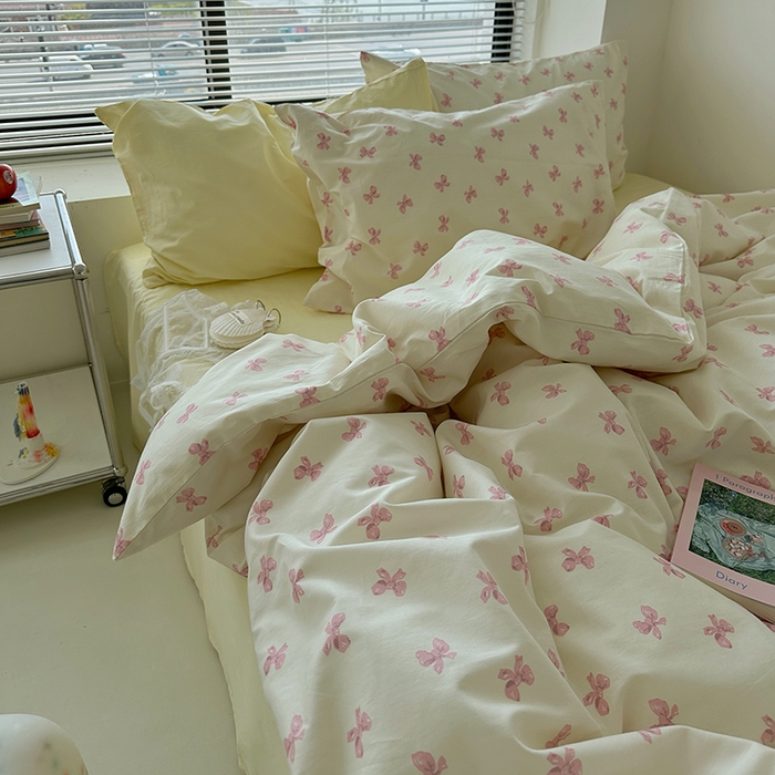 91家纺网 家纺一手货源 找家纺 尺素 2024韩国ins风少女粉被套纯棉卡通四件套小清新蝴蝶结被套240*250床单学生宿舍三件套 少女日记（浅黄）