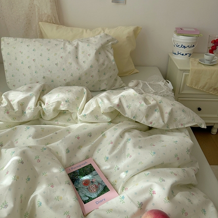 （总）韩国纯棉ins风小碎花田园风四件套花卉活性印花小清新被套纯色加大床单1.8床笠混搭风纯色印花枕套