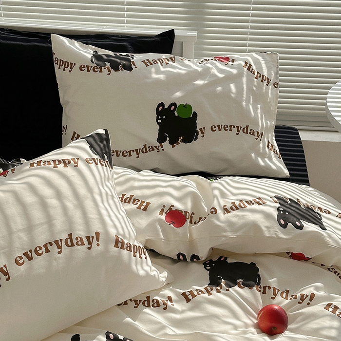91家纺网 家纺一手货源 找家纺 尺素 2025年春夏新款全棉卡通四件套纯棉双人被套纯色床单床笠三件套儿童床上用品 纯爱小狗 黑