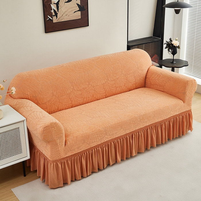 91家纺网 家纺一手货源 找家纺 共鸣沙发套 2024新款臻品提花系列沙发套（裙摆款织叶花系） 织叶卡橙