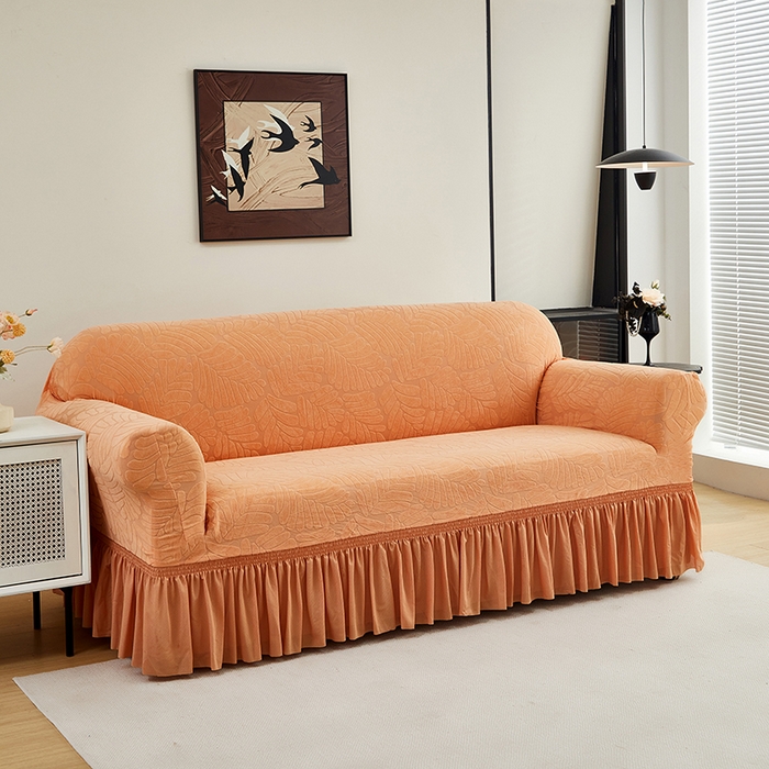 91家纺网 家纺一手货源 找家纺 共鸣沙发套 2024新款臻品提花系列沙发套（裙摆款织叶花系） 织叶卡橙