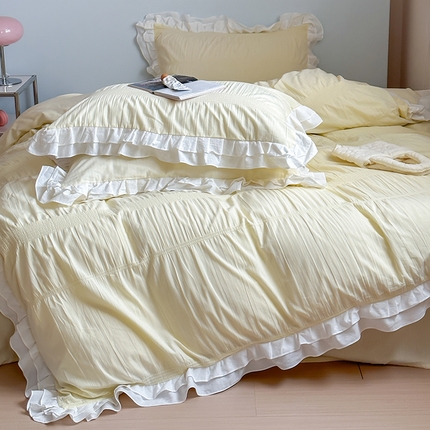 尺素 2024新款韩版ins花边款双人1.8四件套水洗棉泡泡纱被套人字纹床单 奶泡泡-芝芝软芙