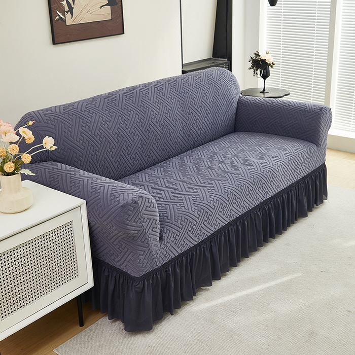 91家纺网 家纺一手货源 找家纺 共鸣沙发套 2024新款拉绒提花系列沙发套（裙摆款） 拉绒深灰