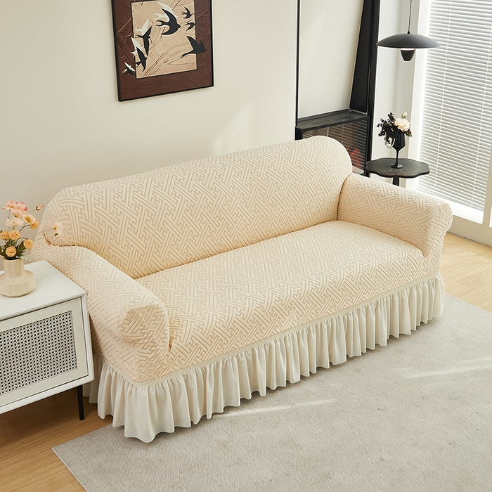 91家纺网 家纺一手货源 找家纺 共鸣沙发套 2024新款拉绒提花系列沙发套（裙摆款） 拉绒米黄