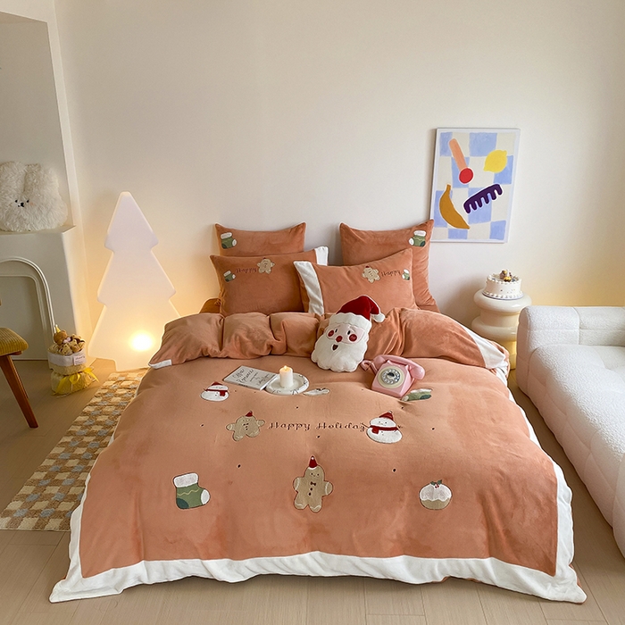 91家纺网 家纺一手货源 找家纺 MIU缪家居 2024新款加厚保暖牛奶绒四件套-圣诞礼物 圣诞礼物 橘色