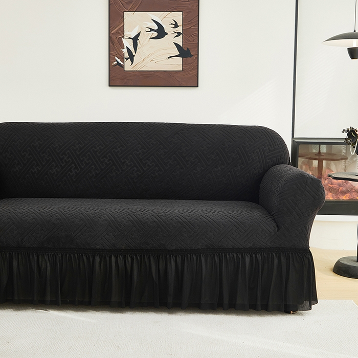 91家纺网 家纺一手货源 找家纺 共鸣沙发套 2024新款拉绒提花系列沙发套（裙摆款） 拉绒黑色