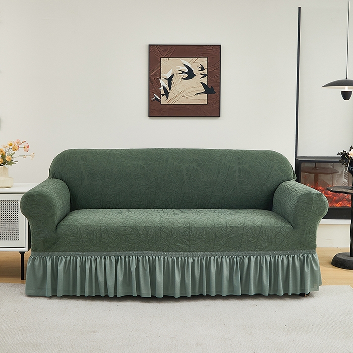 91家纺网 家纺一手货源 找家纺 共鸣沙发套 2024新款臻品提花系列沙发套（裙摆款织叶花系） 织叶松绿