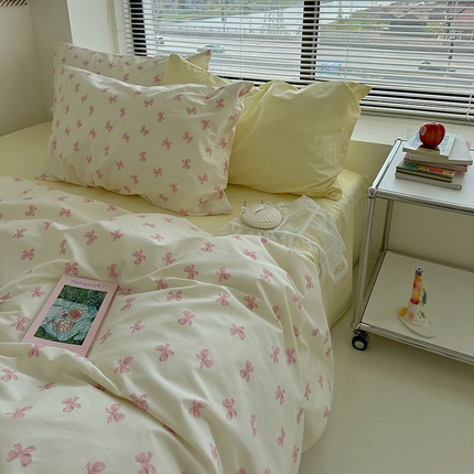 91家纺网 家纺一手货源 找家纺 （总）尺素 2024韩国ins风少女粉被套纯棉卡通四件套小清新蝴蝶结被套240*250床单学生宿舍三件套