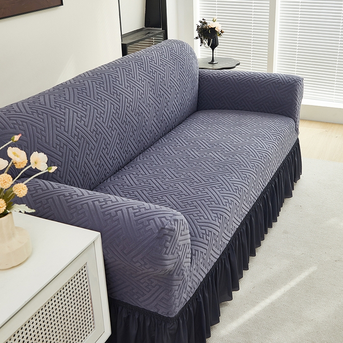 91家纺网 家纺一手货源 找家纺 共鸣沙发套 2024新款拉绒提花系列沙发套（裙摆款） 拉绒深灰