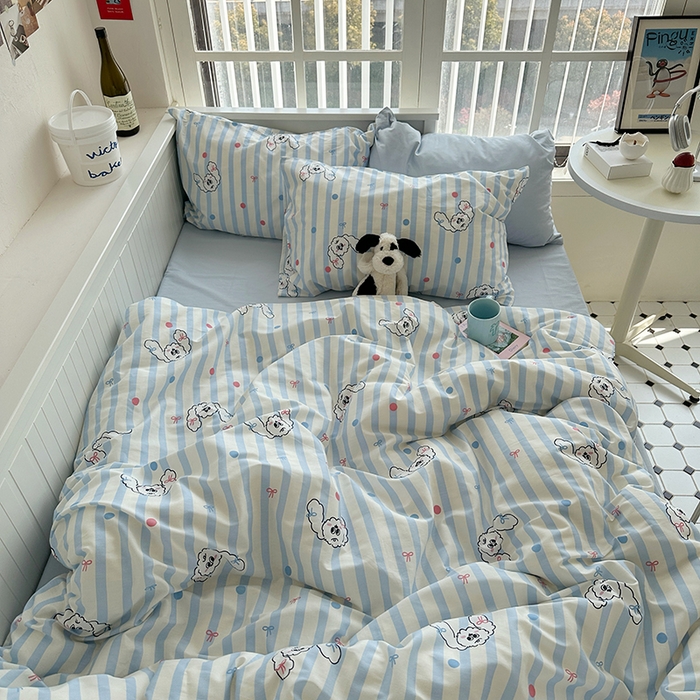 91家纺网 家纺一手货源 找家纺 尺素 2024韩国ins风少女粉被套纯棉卡通四件套小清新蝴蝶结被套240*250床单学生宿舍三件套 可爱多蓝（浅蓝）