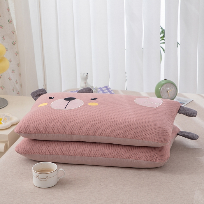 91家纺网 家纺一手货源 找家纺 织布人 2024新款荞麦枕儿童学生卡通全棉双层纱萌萌熊枕套+荞麦枕芯 双层纱萌萌熊荞麦枕-粉色