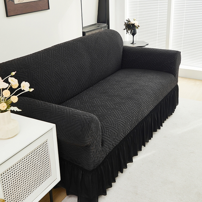 91家纺网 家纺一手货源 找家纺 共鸣沙发套 2024新款拉绒提花系列沙发套（裙摆款） 拉绒黑色