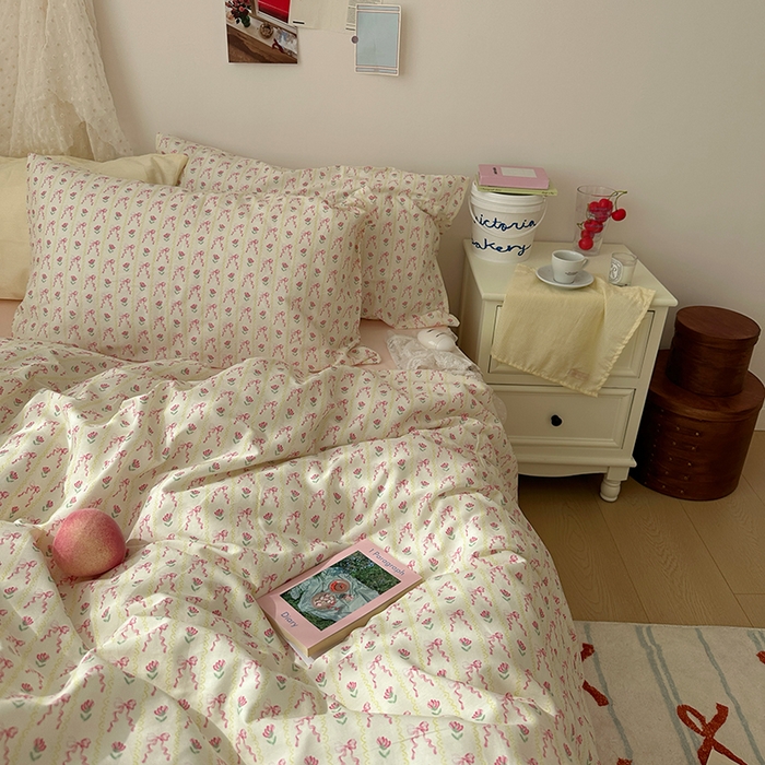 91家纺网 家纺一手货源 找家纺 韩国纯棉ins风小碎花田园风四件套花卉活性印花小清新被套纯色加大床单1.8床笠混搭风纯色印花枕套 一朵春光（桃粉）