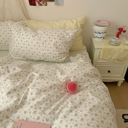 尺素 2024新款韩国纯棉ins风小碎花四件套花卉田园被套纯色加大床单1.8床笠混搭风纯色印花枕套 花迹（冰沙绿）