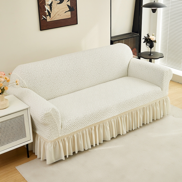 91家纺网 家纺一手货源 找家纺 共鸣沙发套 2024新款拉绒提花系列沙发套（裙摆款） 拉绒白色