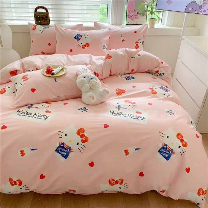 91家纺网 家纺一手货源 找家纺 玉元坊 2025年新款三丽鸥系列全棉纯棉简约基础款四件套三件套--凯蒂猫简约款式 简约-苹果凯蒂