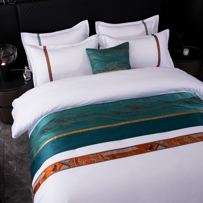 91家纺网 家纺一手货源 找家纺 中乾酒店布草工厂店 2024新款145g加厚加密款织带款酒店磨毛四件套 爱马仕橙