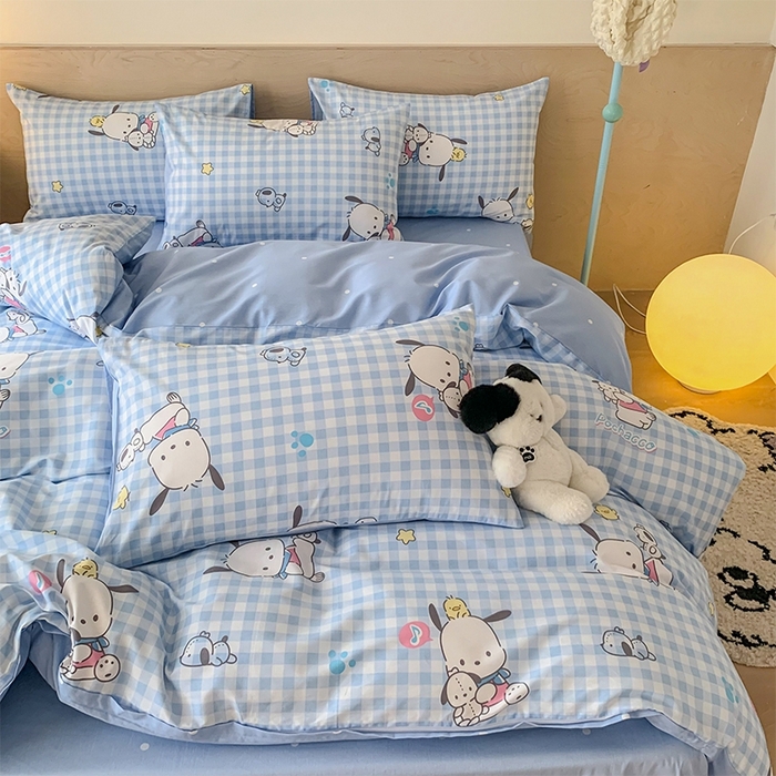 91家纺网 家纺一手货源 找家纺 玉元坊 2025年新款三丽鸥系列全棉纯棉简约基础款四件套三件套--帕恰狗简约款式 格子帕恰狗【简约款式】