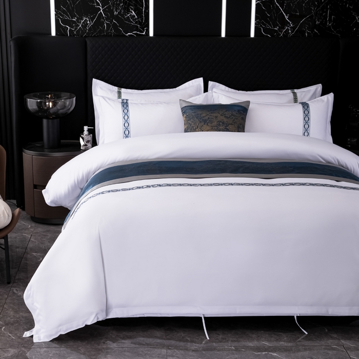 91家纺网 家纺一手货源 找家纺 中乾酒店布草工厂店 2024新款145g加厚加密款织带款酒店磨毛四件套 浮光跃金