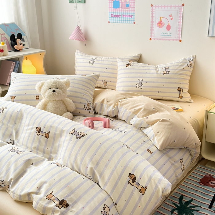 91家纺网 家纺一手货源 找家纺 曼之夏 2024新款全棉印花四件套 灰调小狗