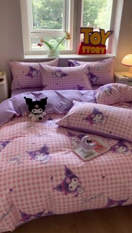 91家纺网 家纺一手货源 找家纺 玉元坊 2025年新款三丽鸥系列全棉纯棉简约基础款四件套三件套--库洛米简约款式 库洛米之心【简约款】