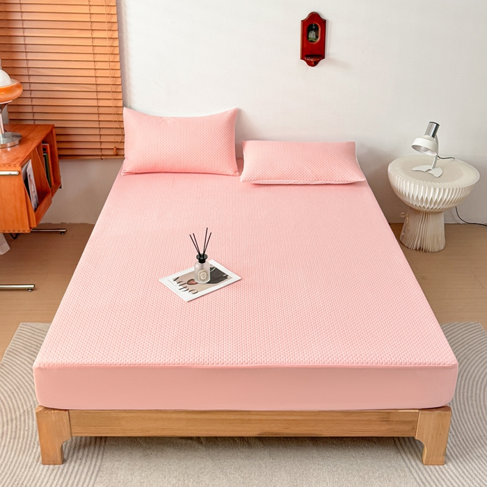 91家纺网 家纺一手货源 找家纺 小萌虎 2024新款华夫防水夹棉床笠 华夫-玉粉