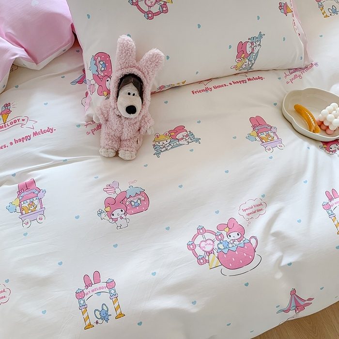 91家纺网 家纺一手货源 找家纺 玉元坊 2025年新款三丽鸥系列全棉纯棉简约基础款四件套三件套--美乐蒂简约款式 开心美乐蒂【简约款】