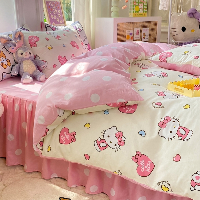 91家纺网 家纺一手货源 找家纺 玉元坊 2025年新款三丽鸥系列全棉纯棉简约基础款四件套三件套--凯蒂猫简约款式 公主kt 简约款