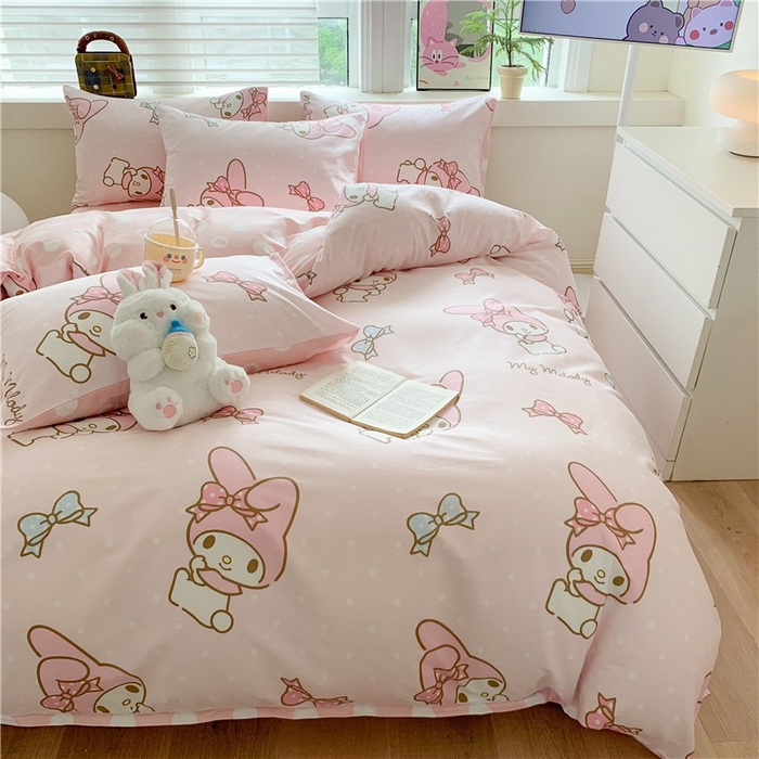 91家纺网 家纺一手货源 找家纺 玉元坊 2025年新款三丽鸥系列全棉纯棉简约基础款四件套三件套--美乐蒂简约款式 简约-蝴蝶结美乐蒂