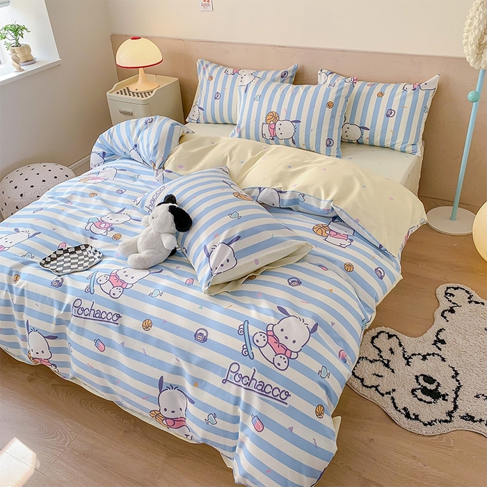 91家纺网 家纺一手货源 找家纺 玉元坊 2025年新款三丽鸥系列全棉纯棉简约基础款四件套三件套--帕恰狗简约款式 条纹帕恰狗【简约款式】