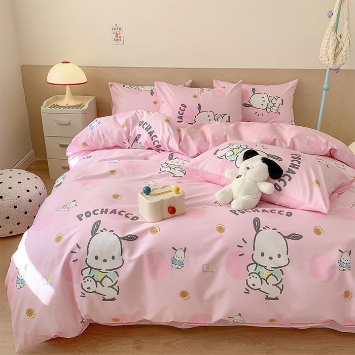 91家纺网 家纺一手货源 找家纺 玉元坊 2025年新款三丽鸥系列全棉纯棉简约基础款四件套三件套--帕恰狗简约款式 开心帕恰狗【简约款式】