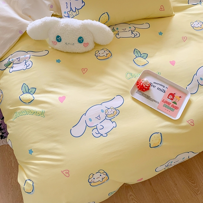 91家纺网 家纺一手货源 找家纺 玉元坊 2025年新款三丽鸥系列全棉纯棉简约基础款四件套三件套--大耳狗简约款式 柠檬大耳狗【简约款】