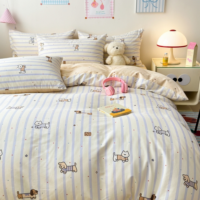 91家纺网 家纺一手货源 找家纺 曼之夏 2024新款全棉印花四件套 灰调小狗