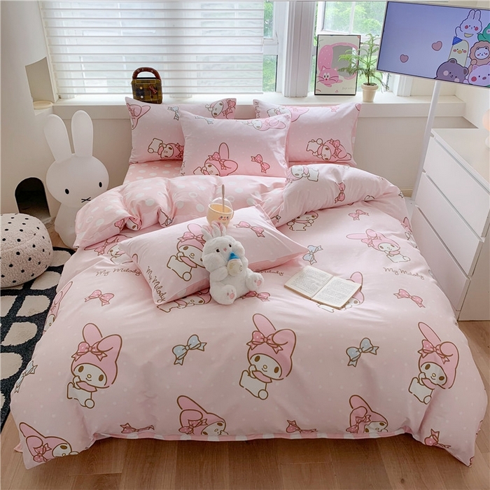 91家纺网 家纺一手货源 找家纺 玉元坊 2025年新款三丽鸥系列全棉纯棉简约基础款四件套三件套--美乐蒂简约款式 简约-蝴蝶结美乐蒂