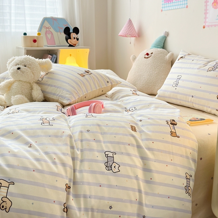 91家纺网 家纺一手货源 找家纺 曼之夏 2024新款全棉印花四件套 灰调小狗