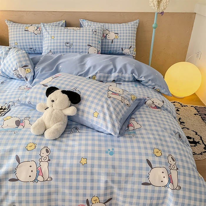 91家纺网 家纺一手货源 找家纺 玉元坊 2025年新款三丽鸥系列全棉纯棉简约基础款四件套三件套--帕恰狗简约款式 格子帕恰狗【简约款式】