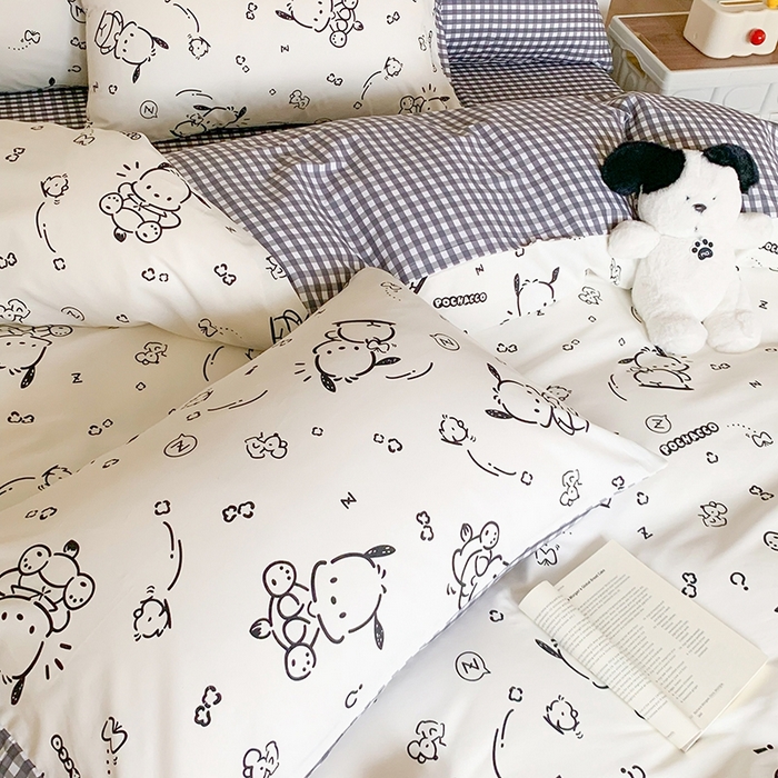 91家纺网 家纺一手货源 找家纺 玉元坊 2025年新款三丽鸥系列全棉纯棉简约基础款四件套三件套--帕恰狗简约款式 简约款-线条帕恰狗