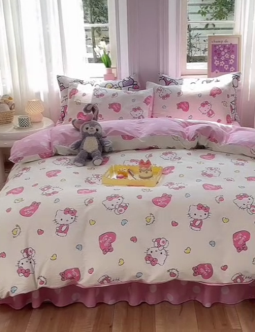 91家纺网 家纺一手货源 找家纺 玉元坊 2025年新款三丽鸥系列全棉纯棉简约基础款四件套三件套--凯蒂猫简约款式 公主kt 简约款