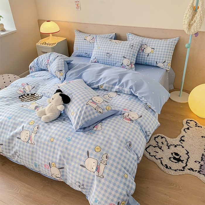 91家纺网 家纺一手货源 找家纺 玉元坊 2025年新款三丽鸥系列全棉纯棉简约基础款四件套三件套--帕恰狗简约款式 格子帕恰狗【简约款式】