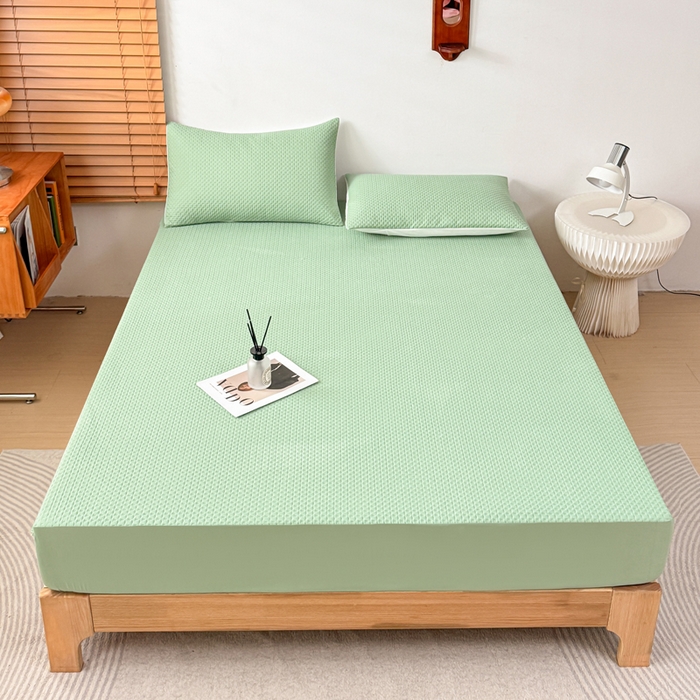 91家纺网 家纺一手货源 找家纺 小萌虎 2024新款华夫防水夹棉床笠 华夫-果绿