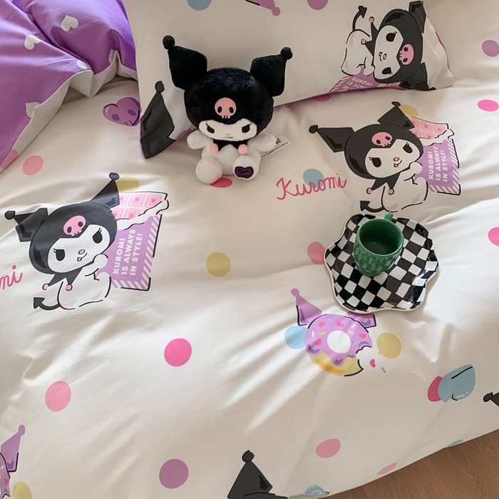 91家纺网 家纺一手货源 找家纺 玉元坊 2025年新款三丽鸥系列全棉纯棉简约基础款四件套三件套--库洛米简约款式 波点库洛米【简约款】