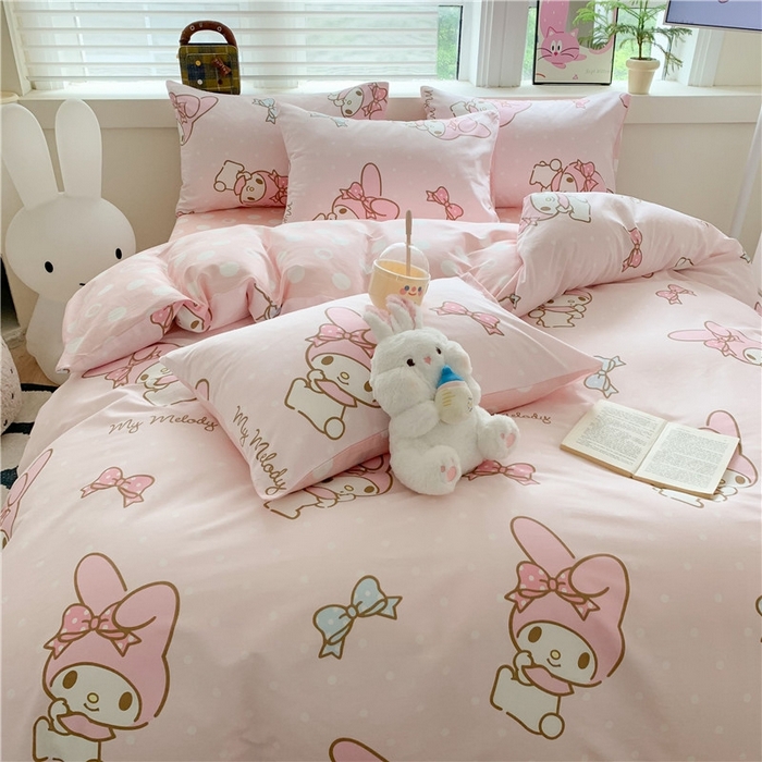 91家纺网 家纺一手货源 找家纺 玉元坊 2025年新款三丽鸥系列全棉纯棉简约基础款四件套三件套--美乐蒂简约款式 简约-蝴蝶结美乐蒂