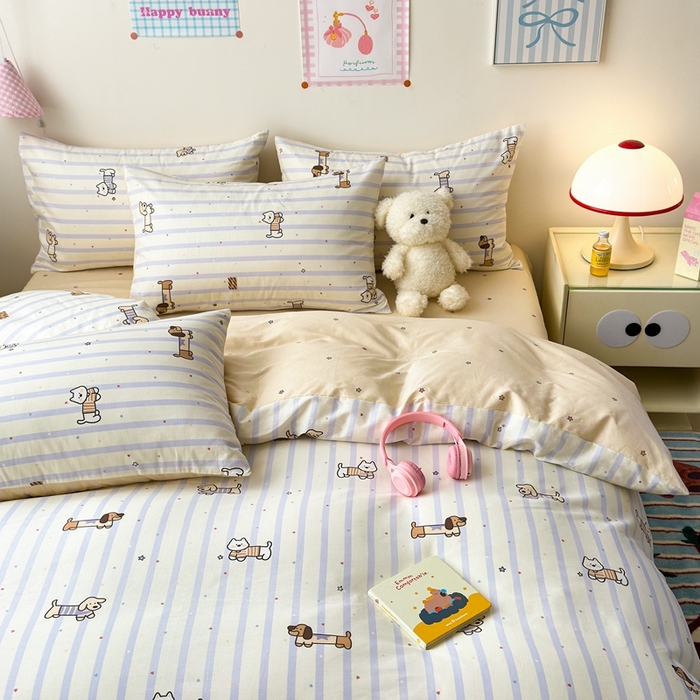 91家纺网 家纺一手货源 找家纺 曼之夏 2024新款全棉印花四件套 灰调小狗