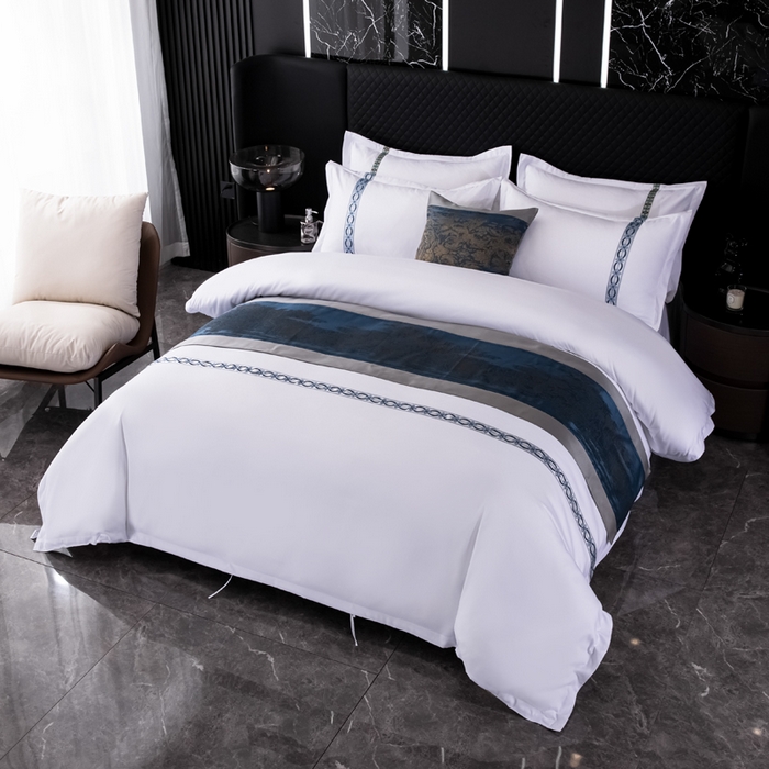 91家纺网 家纺一手货源 找家纺 中乾酒店布草工厂店 2024新款145g加厚加密款织带款酒店磨毛四件套 浮光跃金