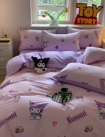 91家纺网 家纺一手货源 找家纺 玉元坊 2025年新款三丽鸥系列全棉纯棉简约基础款四件套三件套--库洛米简约款式 甜甜库洛米【简约款】