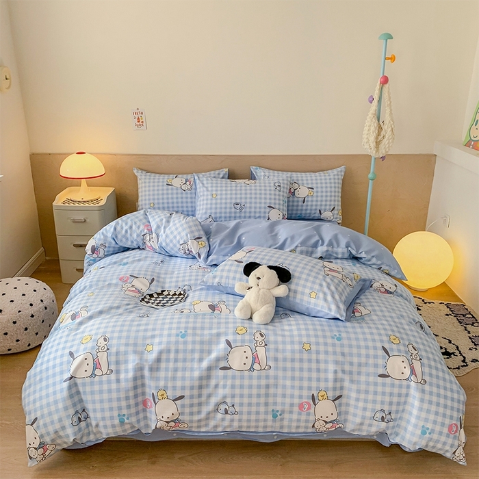 91家纺网 家纺一手货源 找家纺 玉元坊 2025年新款三丽鸥系列全棉纯棉简约基础款四件套三件套--帕恰狗简约款式 格子帕恰狗【简约款式】