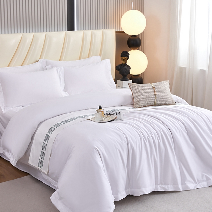 91家纺网 家纺一手货源 找家纺 中乾酒店布草工厂店 2024新款全棉贡缎纯白星级酒店标准亲肤四件套系列 60x40s