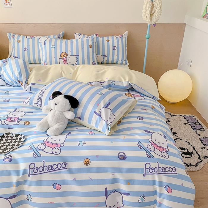 91家纺网 家纺一手货源 找家纺 玉元坊 2025年新款三丽鸥系列全棉纯棉简约基础款四件套三件套--帕恰狗简约款式 条纹帕恰狗【简约款式】