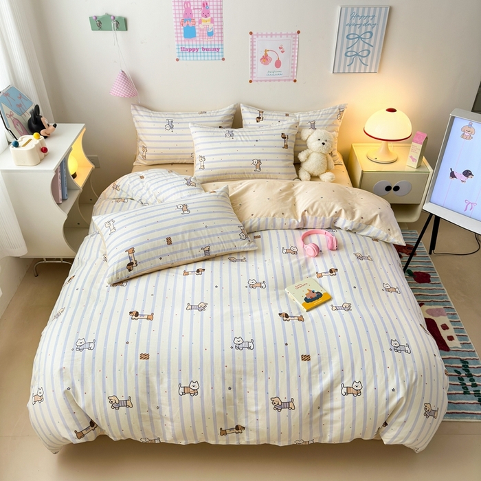 91家纺网 家纺一手货源 找家纺 曼之夏 2024新款全棉印花四件套 灰调小狗